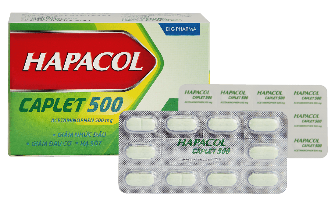 Hapacol Caplet 500 là dạng thuốc viên nén dài, giúp giảm đau và hạ sốt