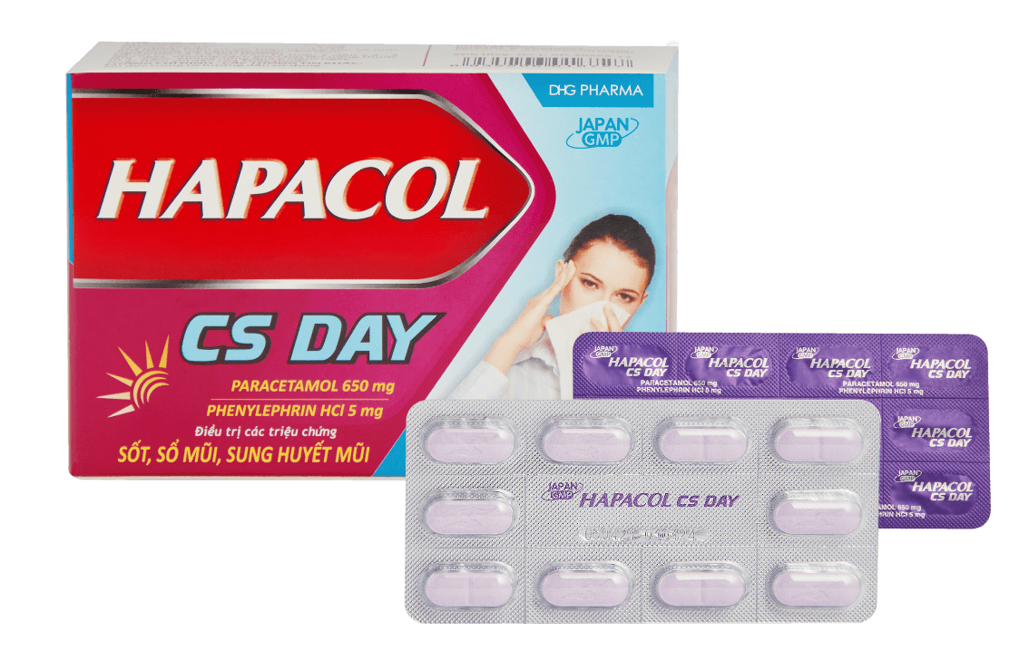 Hapacol CS Day, thường được nhận dạng là Hapacol màu tím, dùng điều trị các triệu chứng sốt, sổ mũi do cảm lạnh