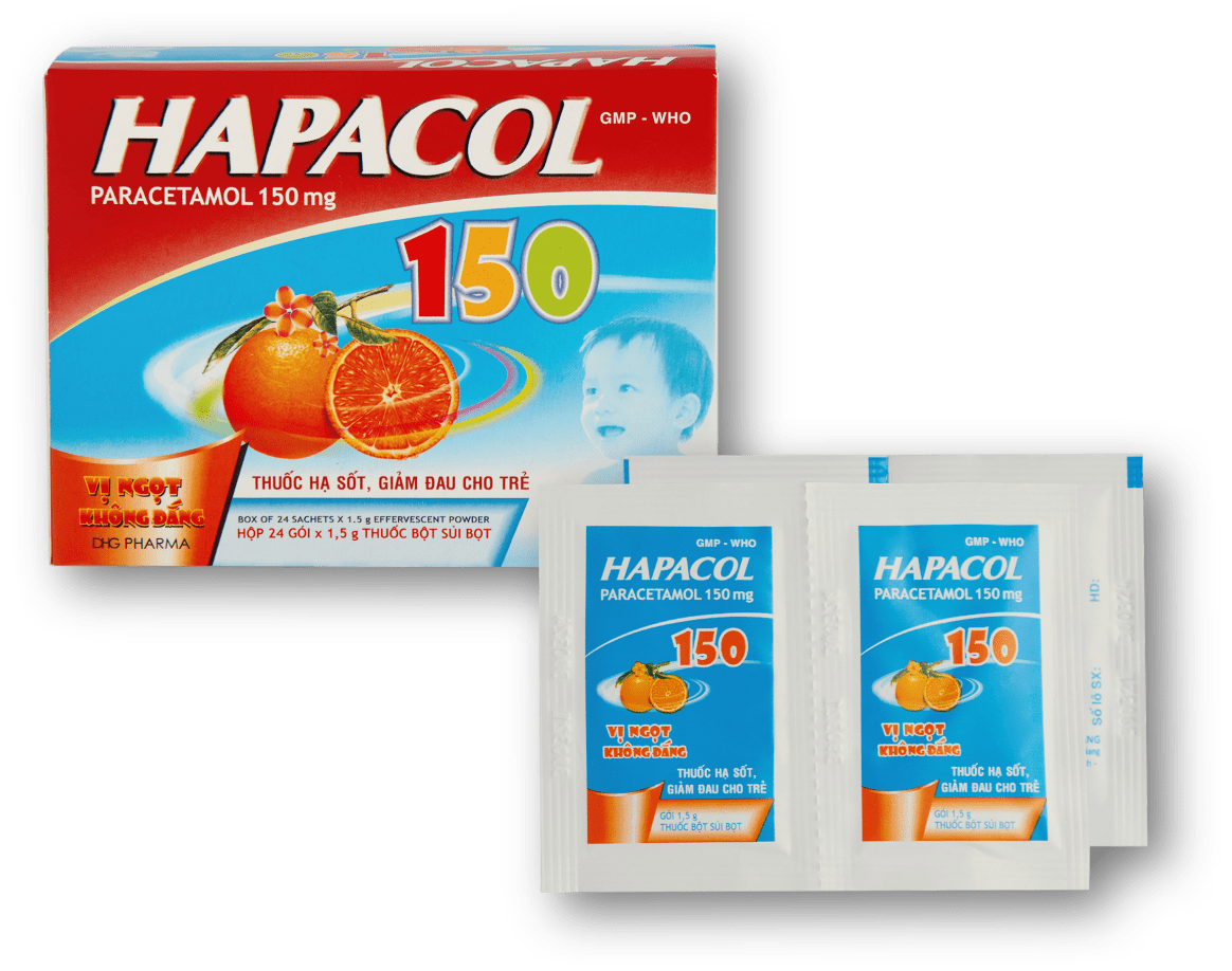 Sản phẩm Hapacol 150 với lượng paracetamol 150mg giúp trẻ nhanh chóng hạ sốt và giảm đau